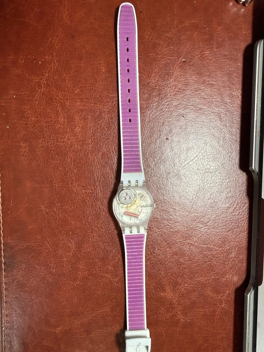 Swatch Swiss Quartz Watch Purple Dial White Strap Clear Case Y2K Needs Battery